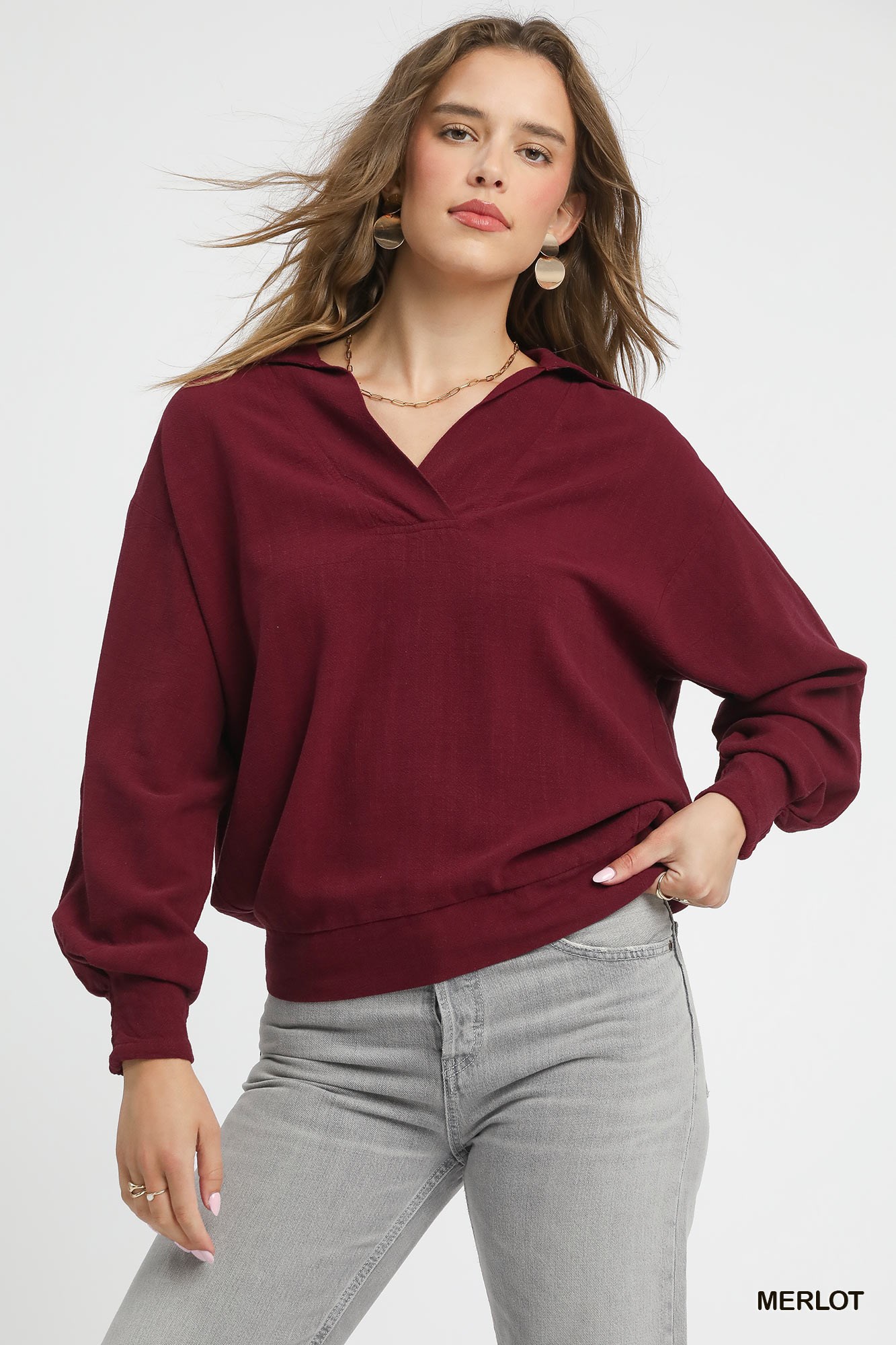 Linen Long Sleeves Elastic Hem Blouse