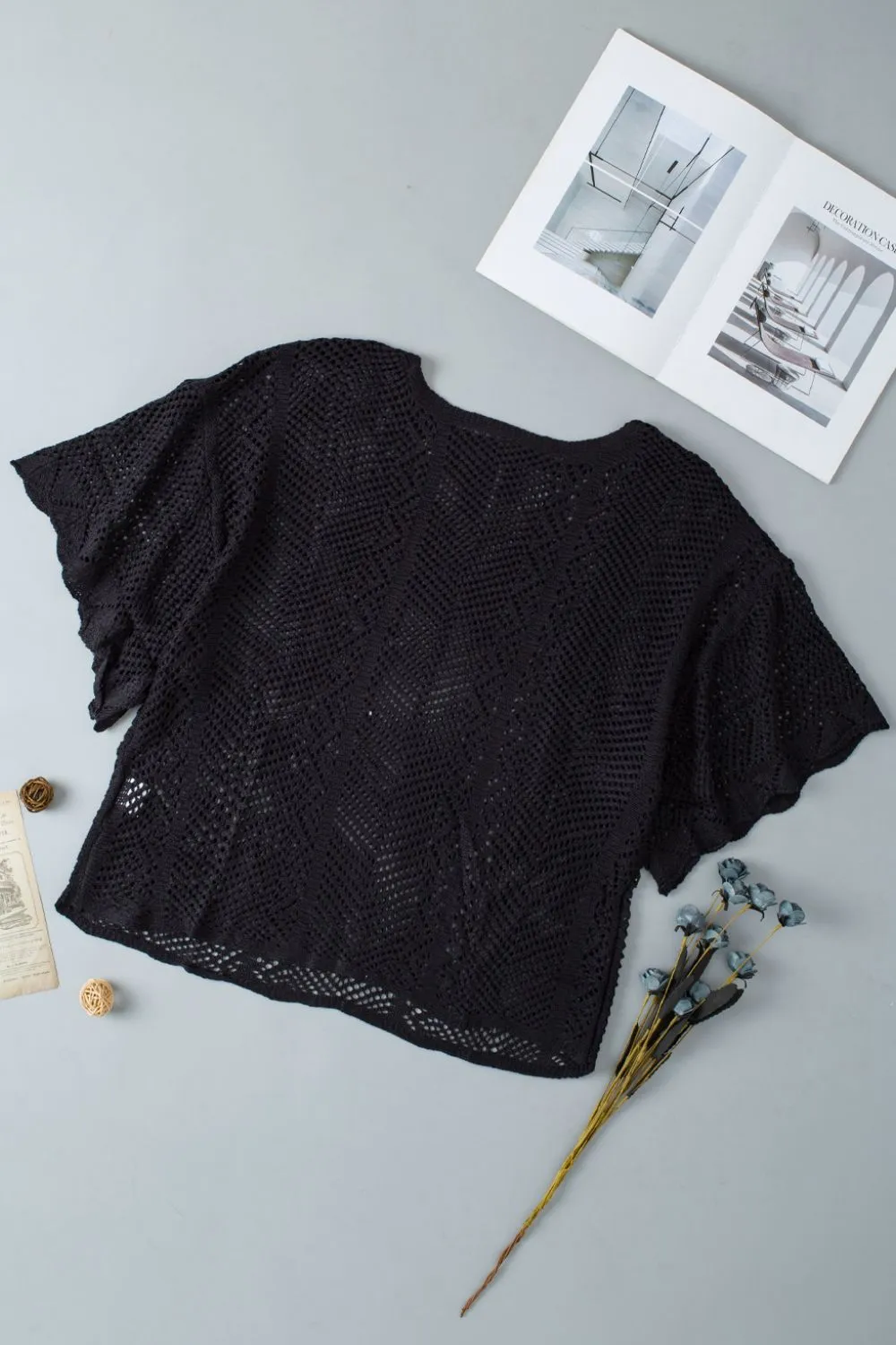 Scallop Edge Half Sleeve Pointelle Knit Top, image 3