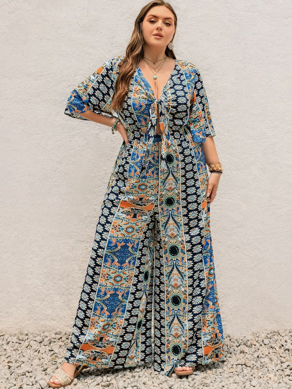 Plus Size Printed Half Sleeve Wide Leg Jumpsuit, image 2