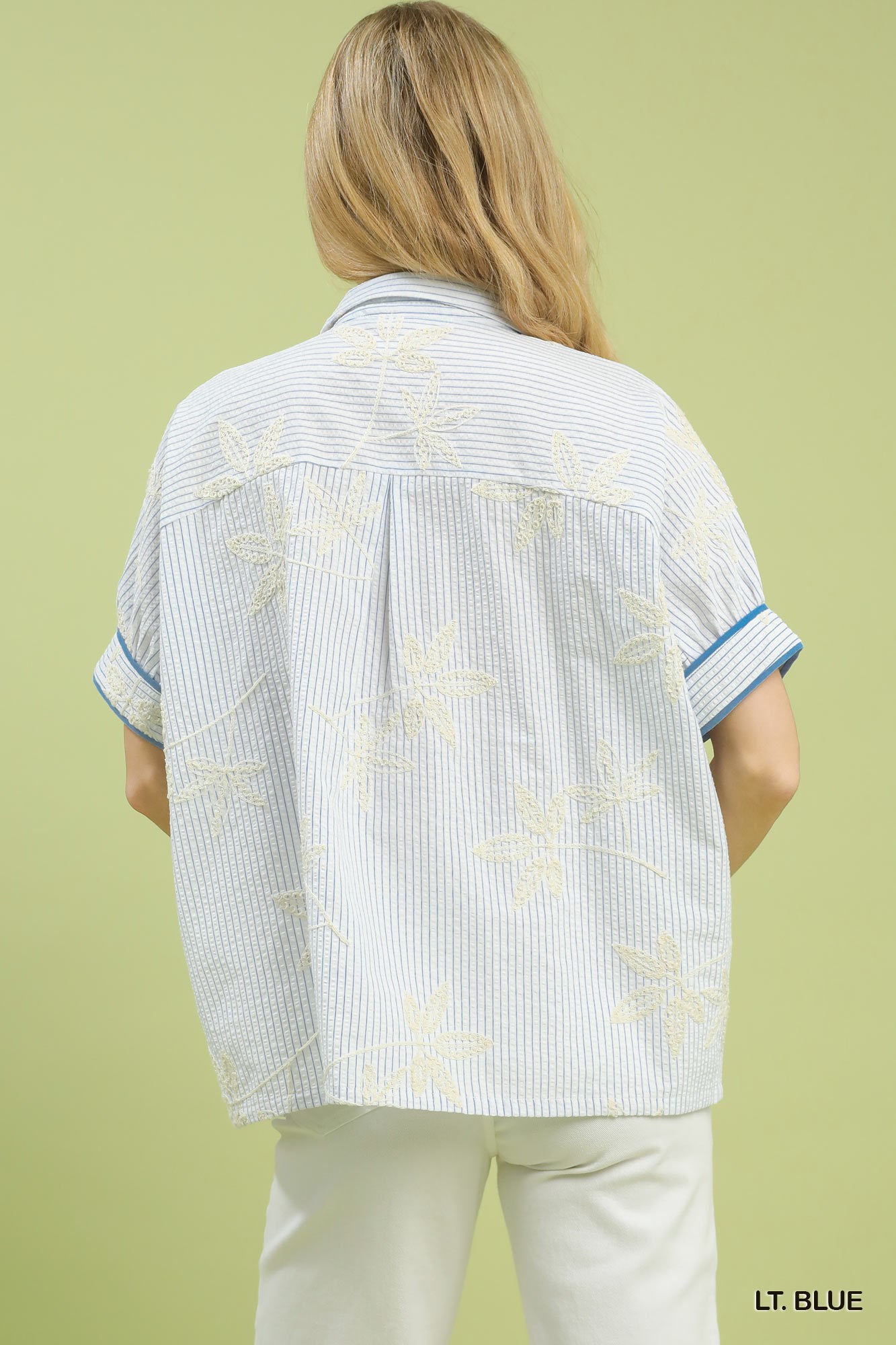 Striped Embroidered Blouse with Scallop Trim, image 2