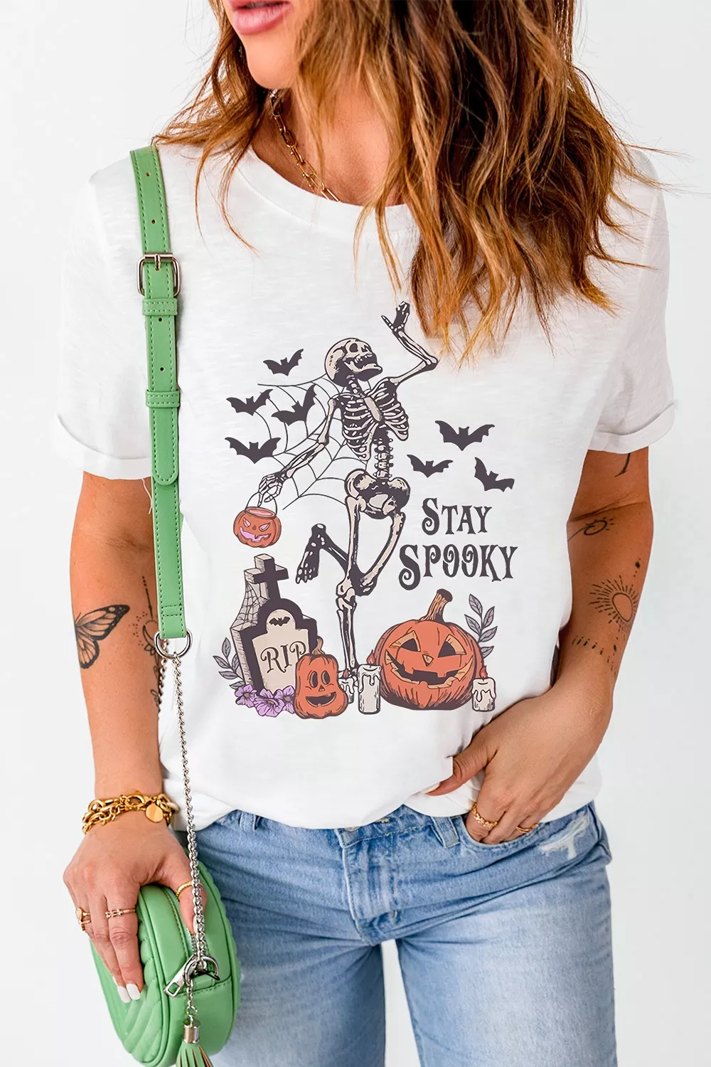 Full Size Skull Pumpkin Face STAY SPOOKY Graphic Halloween T Shirt Plus Size