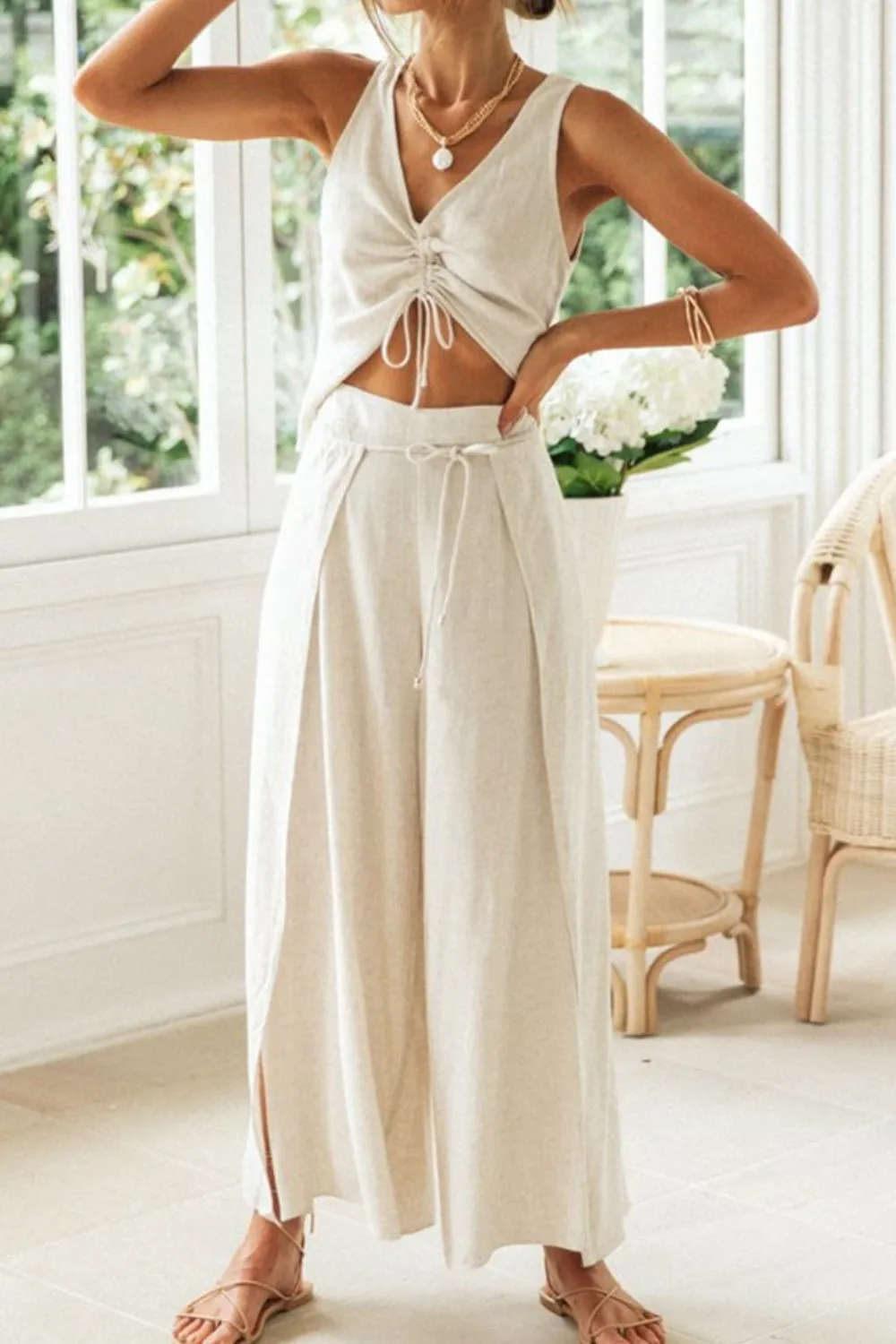 Drawstring V-Neck Tank and Pants Set