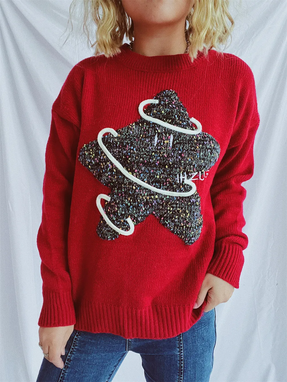 Contrast Star Round Neck Long Sleeve Sweater, image 2