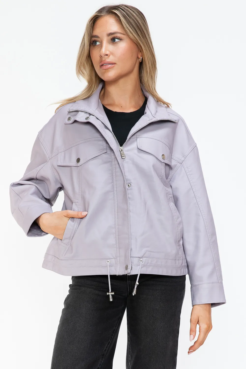 Drawstring Hem PU Leather Zip Up Jacket, image 8