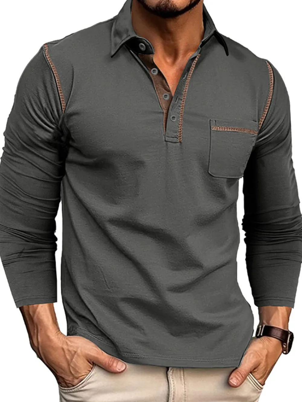 Men's Long Sleeve Polo Shirt with Contrast Stitching, image 5