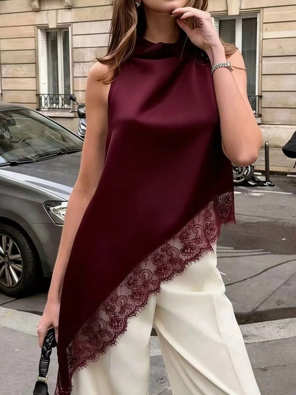 Polka Dot Lace Trim Asymmetrical Hem Sleeveless Blouse, image 7