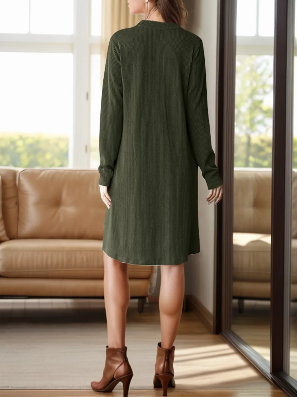 Notched Long Sleeve Mini Dress with Pockets, image 12