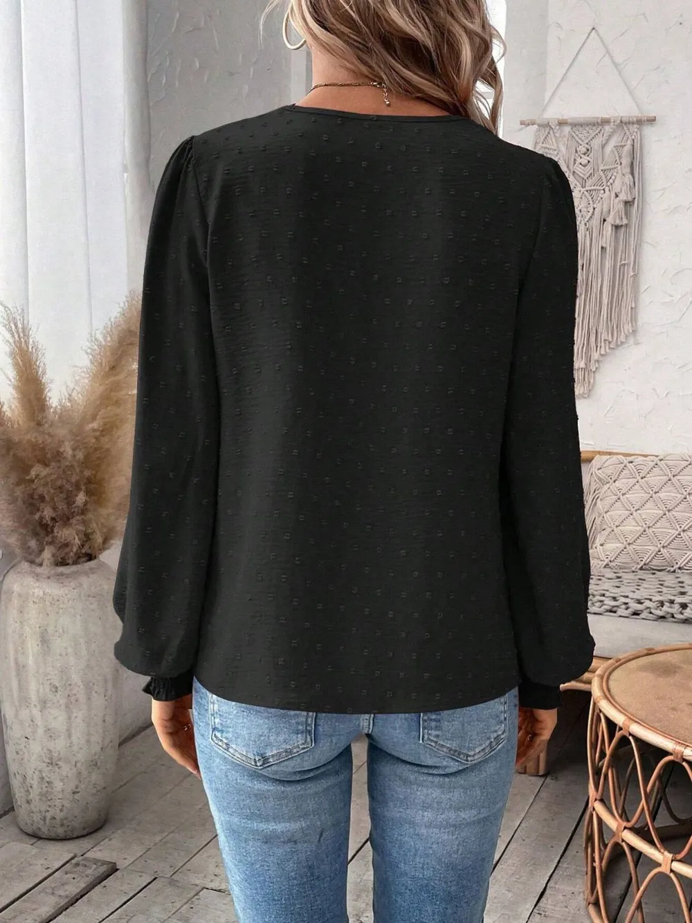 Swiss Dot Lace Detail Notched Long Sleeve Blouse, image 4