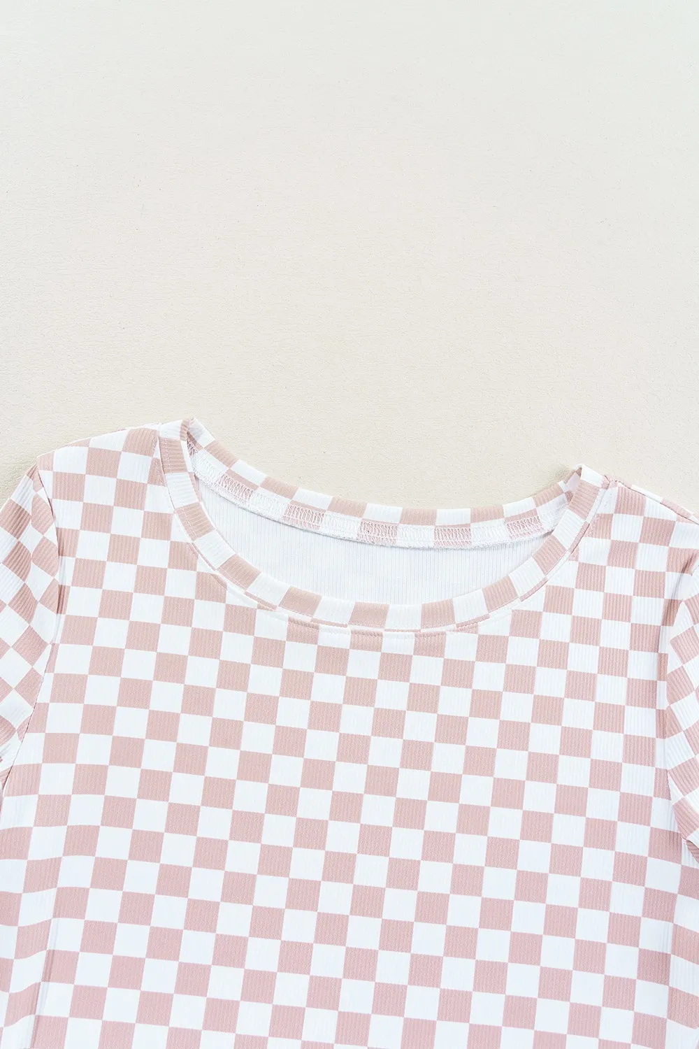 Checkered Ribbed Slim Fit Crew Neck T Shirt, image 2