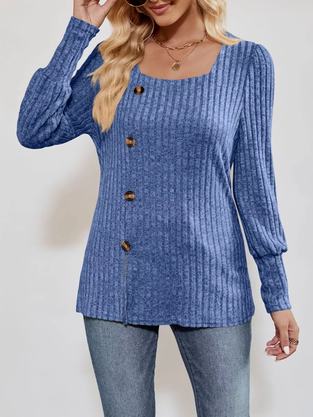 Ribbed Knit Slit Long Sleeve T-Shirt, image 9