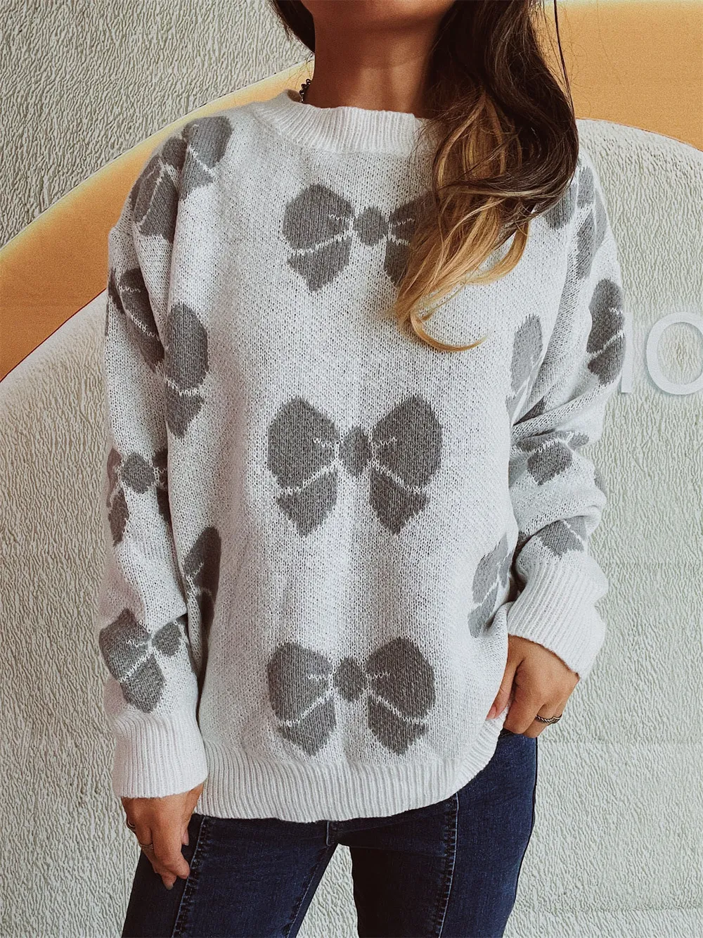 Bow Round Neck Dropped Shoulder Sweater, image 5