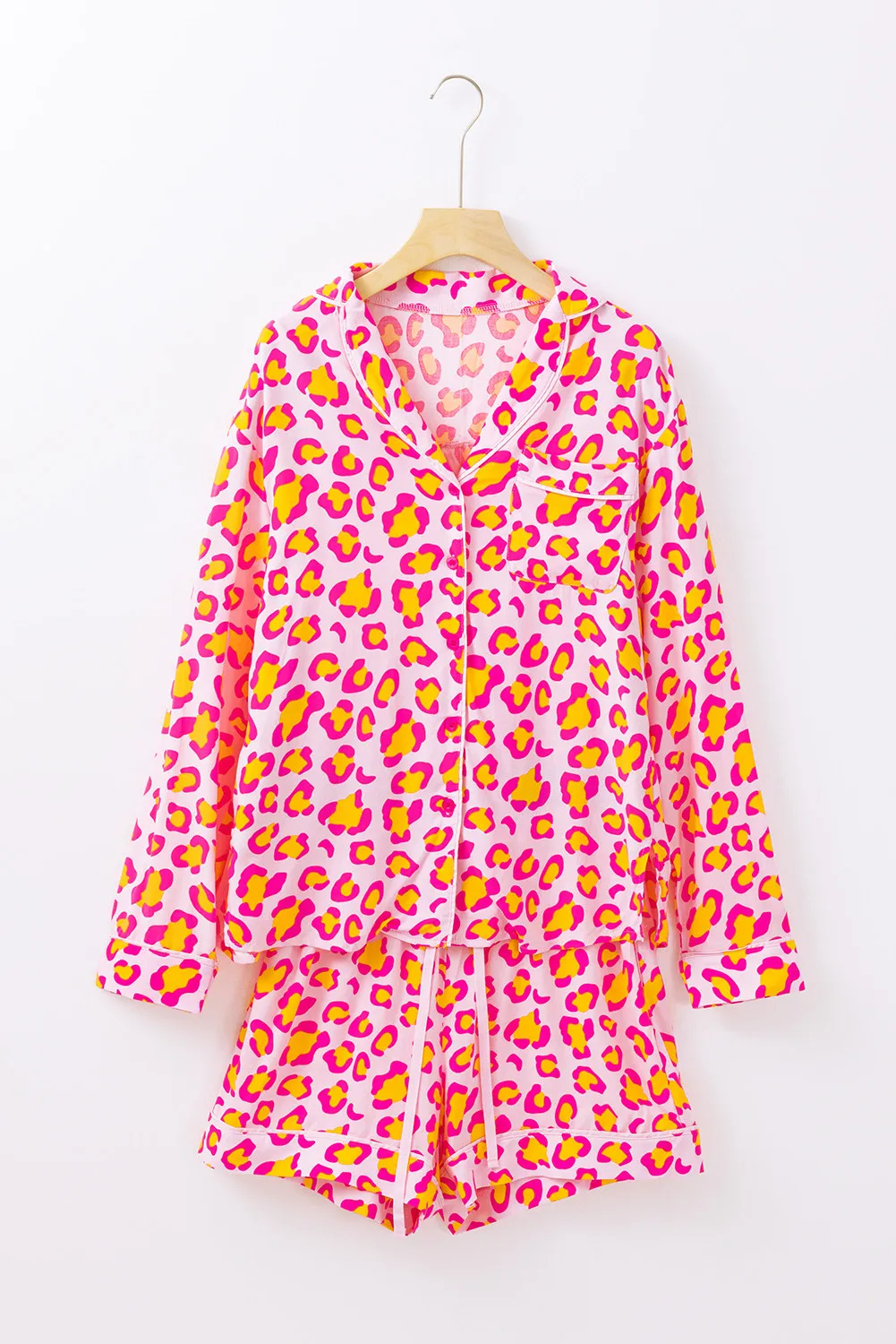 Leopard Collared Neck Long Sleeve Top and Shorts Lounge Set, image 3