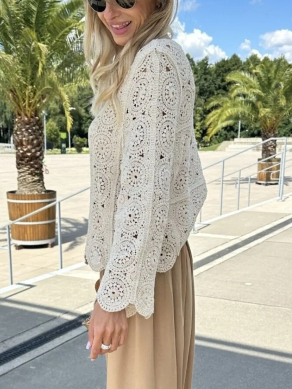 Crochet Lace V-Neck Bell Sleeve Knit Top, image 5