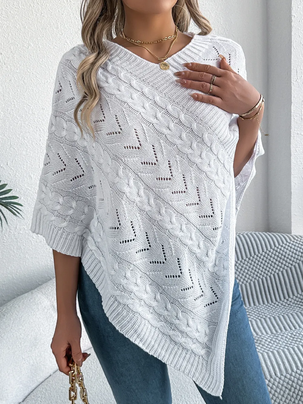 Cable-Knit Openwork Three-Quarter Sleeve Sweater, image 5