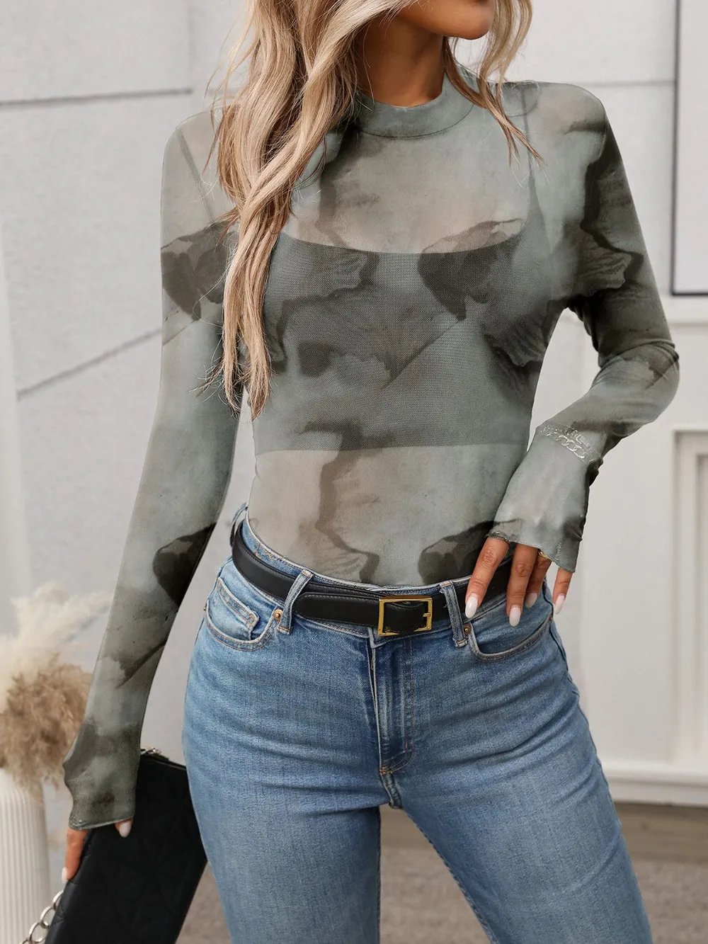 Printed Mock Neck Long Sleeve Mesh T-Shirt, image 4