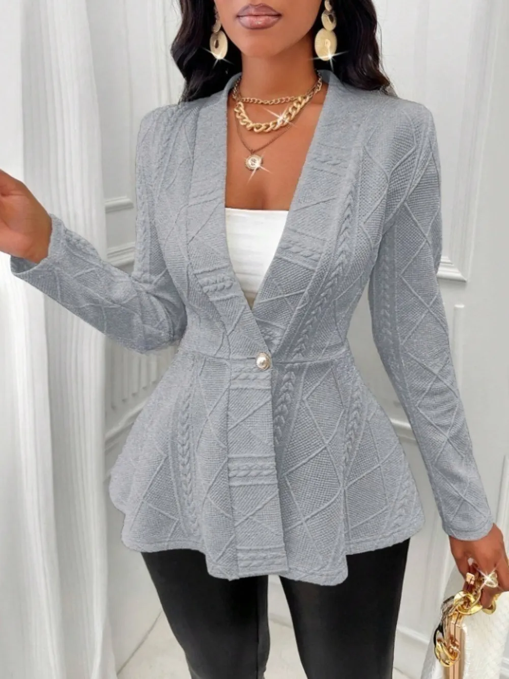 One Button Textured Peplum Cardigan, image 3