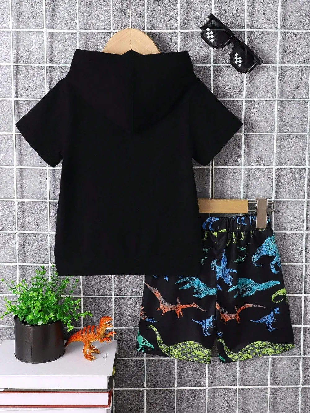 Children's Dinosaur Short Sleeve Hooded Top and Pants Set, image 2