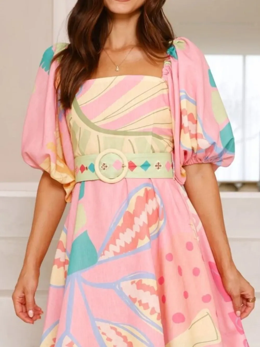 Colorful Print Belted Mini Dress with Puff Sleeves, image 7