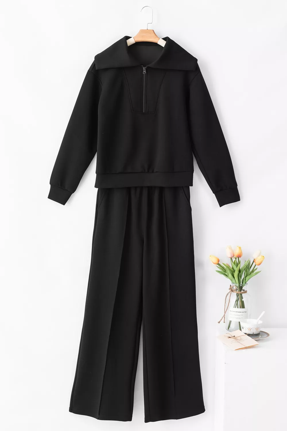 Solid Zip Sailor Collar Pullover Athleisure Sweatpants 2pcs Set, image 8