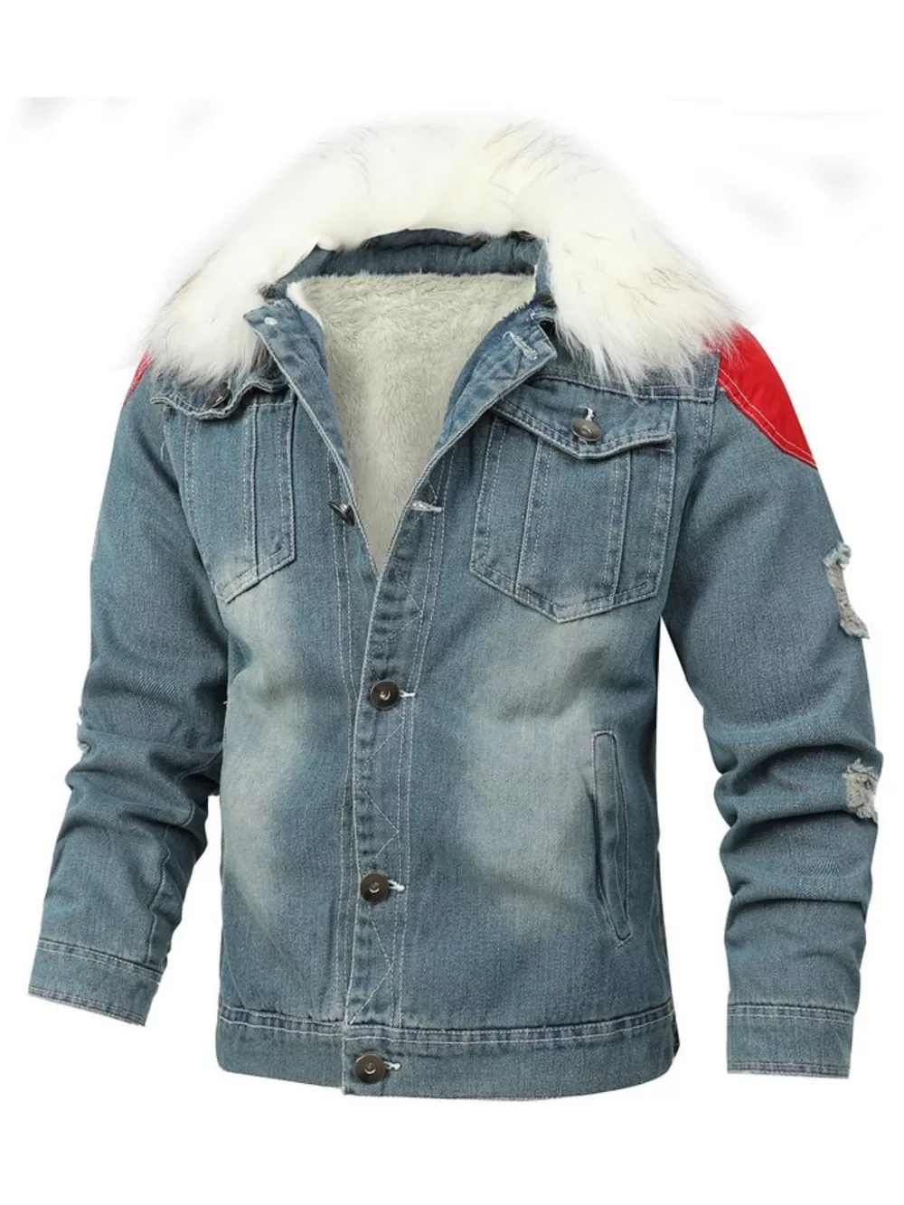 Men's Full Size Faux Fur Collar Denim Jacket Plus Size, image 2