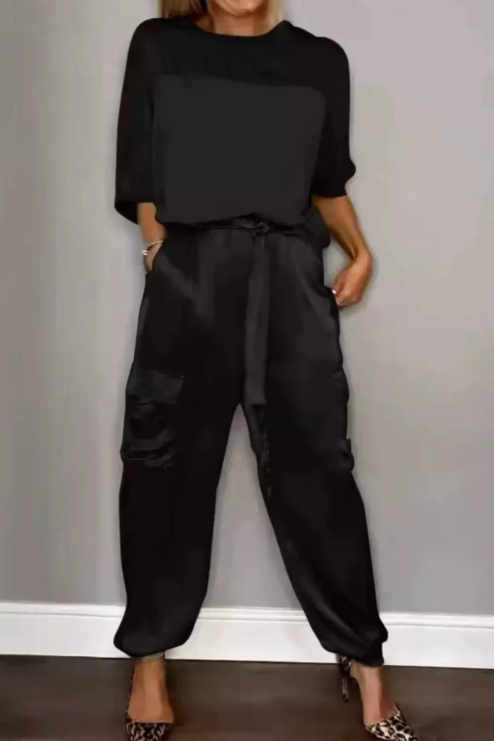 Satin Round Neck Top and Pants Set, image 8