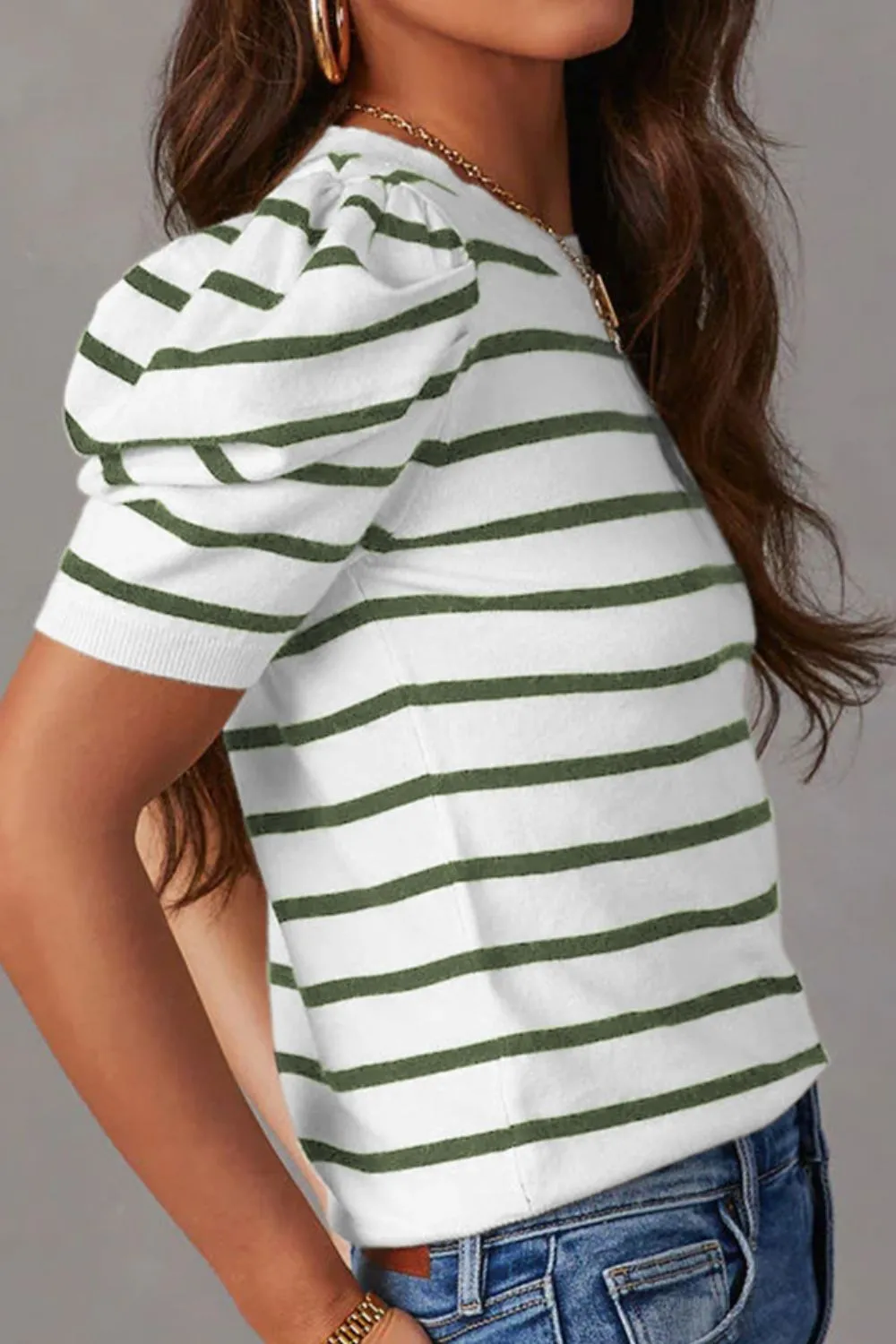 Striped Round Neck Puff Sleeve Knit Top, image 2
