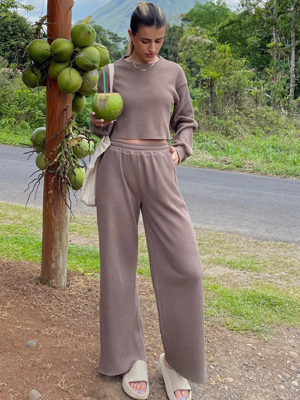 Waffle-Knit Round Neck Top and Pants Set, image 21