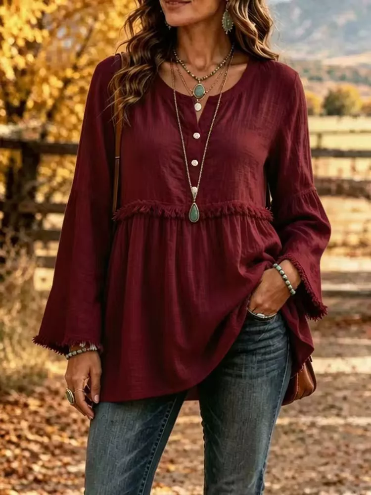 Full Size Fringed Button Detail Blouse Plus Size, image 13