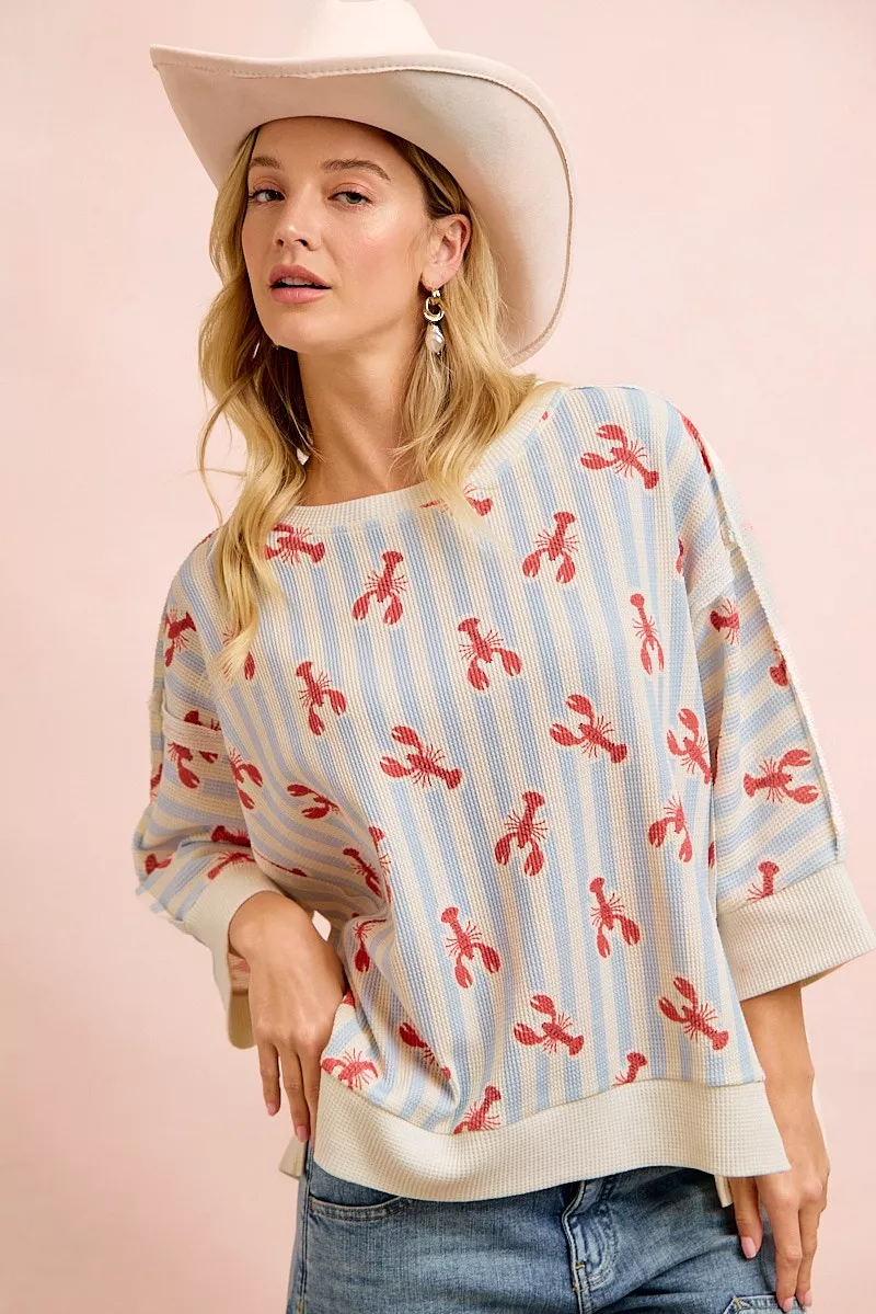 4th Of July Lobsters Stripe Waffle Knit Sleeve Top