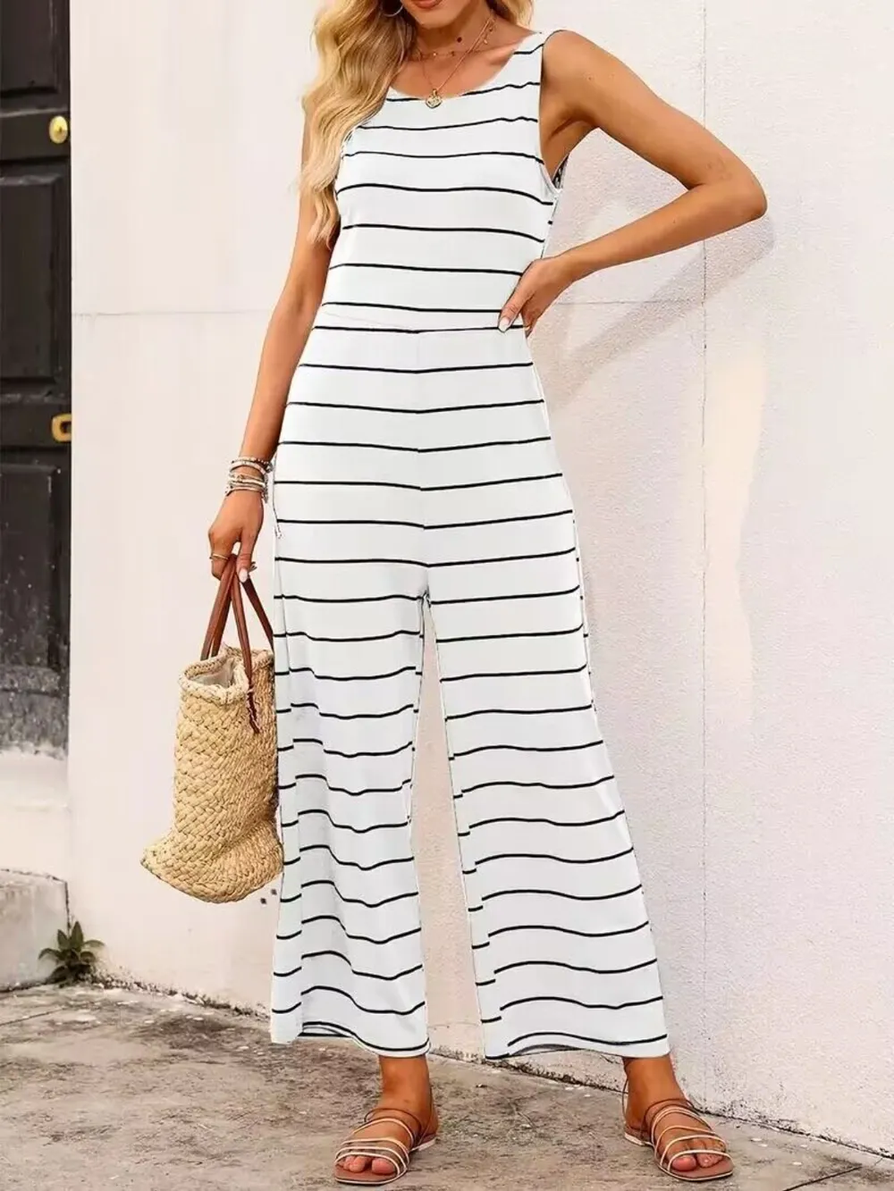 Striped Round Neck Wide Leg Jumpsuit, image 2