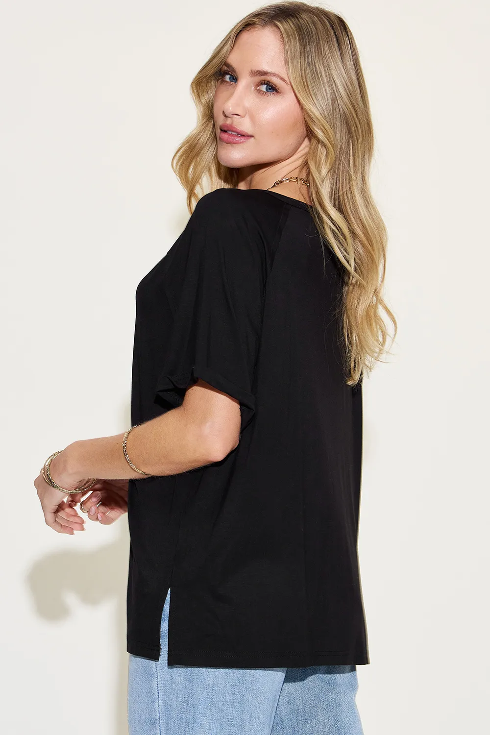 Full Size Bamboo Slit V-Neck Short Sleeve T-Shirt, image 3