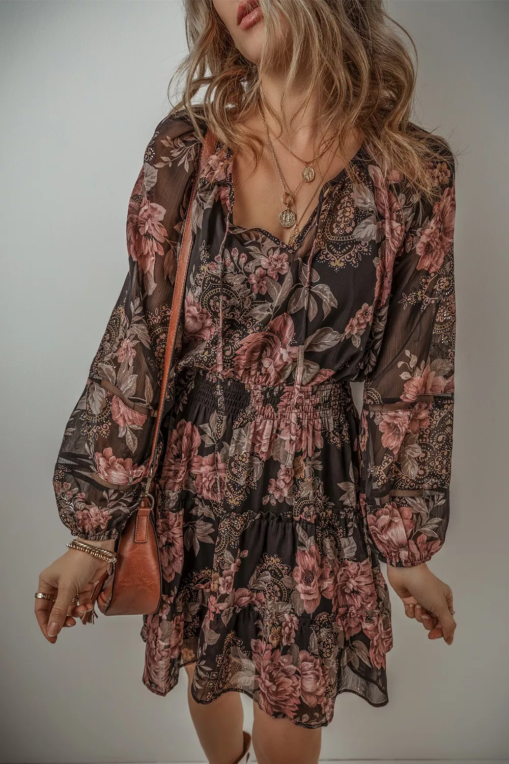Floral Print Tie Neck Mini Dress, image 2