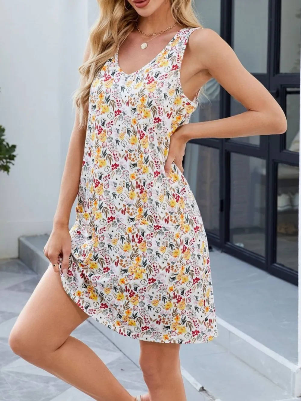 Printed V-Neck Sleeveless Mini Dress with Pockets, image 22
