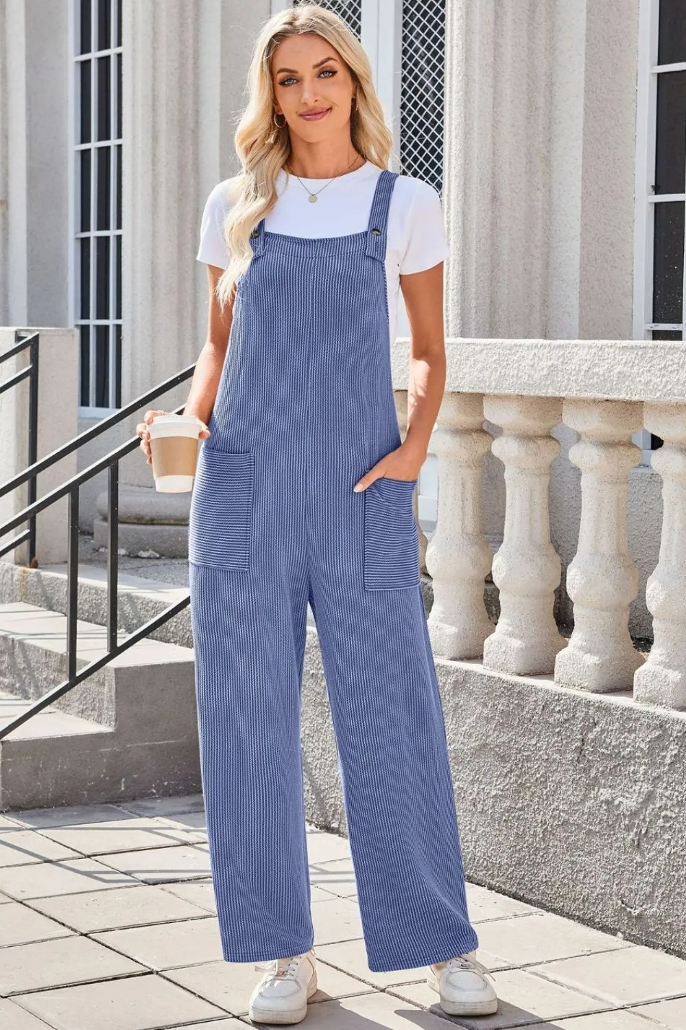 Square Neck Wide Strap Overalls with Pockets, image 2