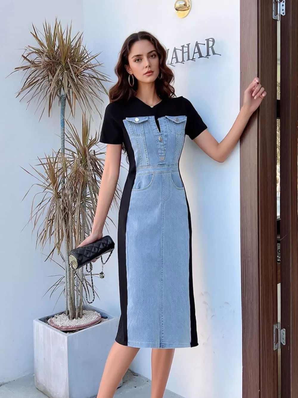 Full Size Denim Patchwork Short Sleeve Slit Back Dress Plus Size, image 3