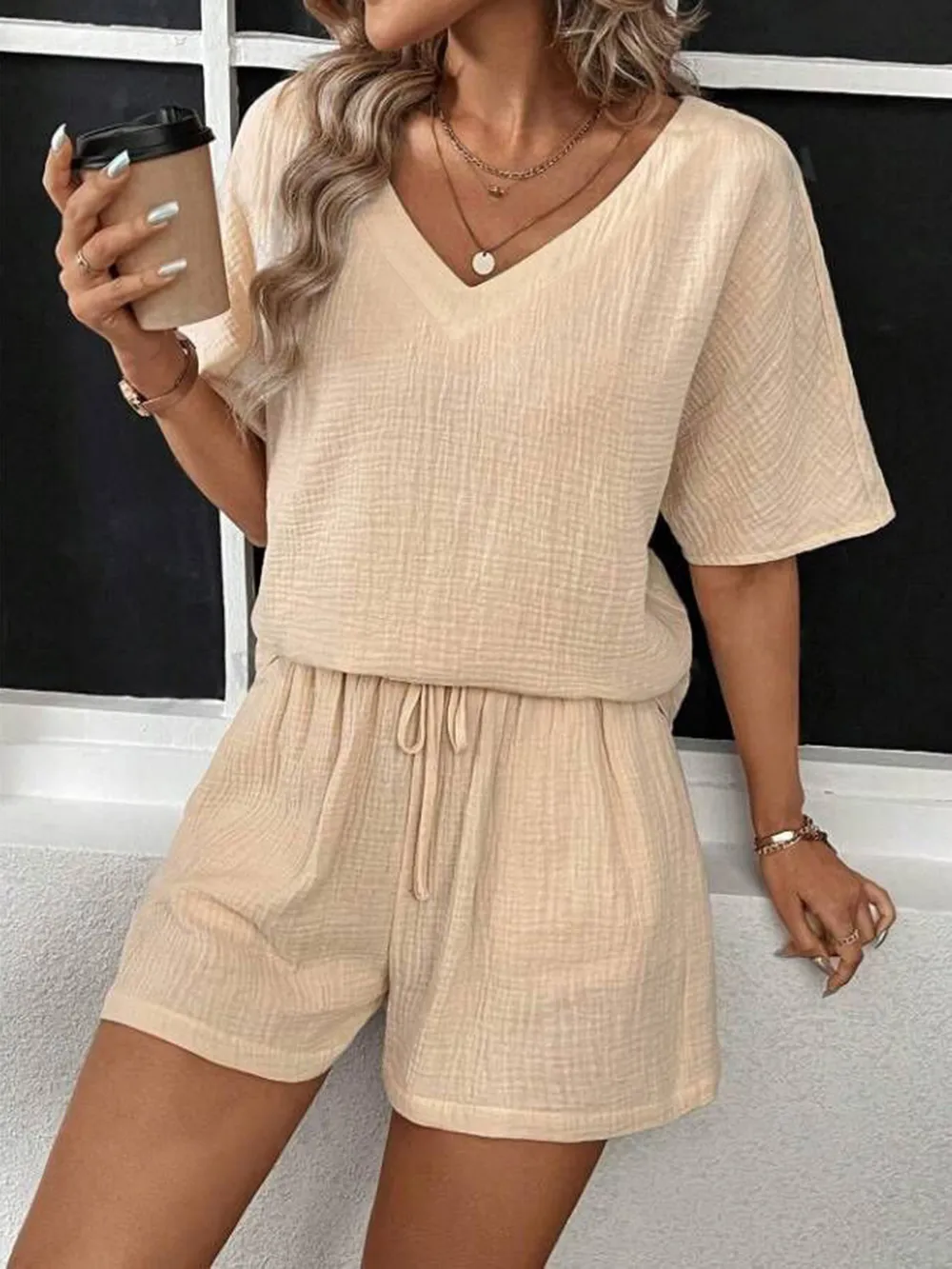 V-Neck Half Sleeve Top and Shorts Set, image 4