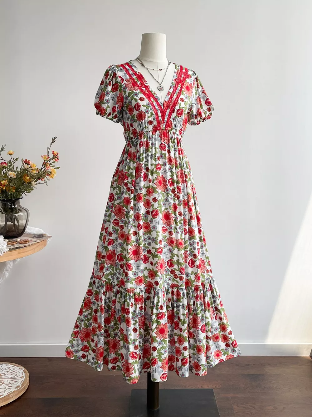 Floral Print V-Neck Ruffle Hem Midi Dress, image 2