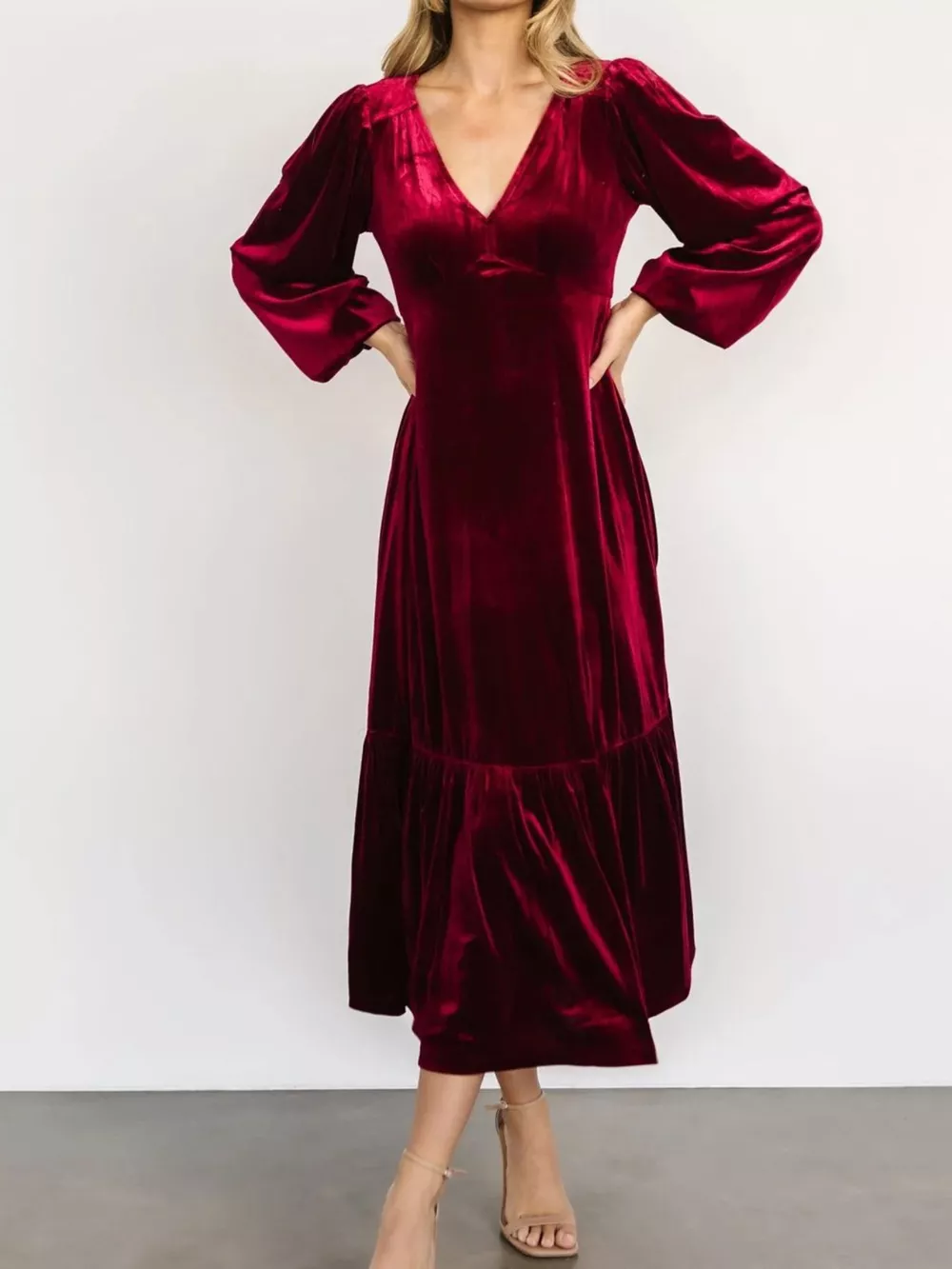 Velvet Tiered Long Sleeve Midi Dress, image 2