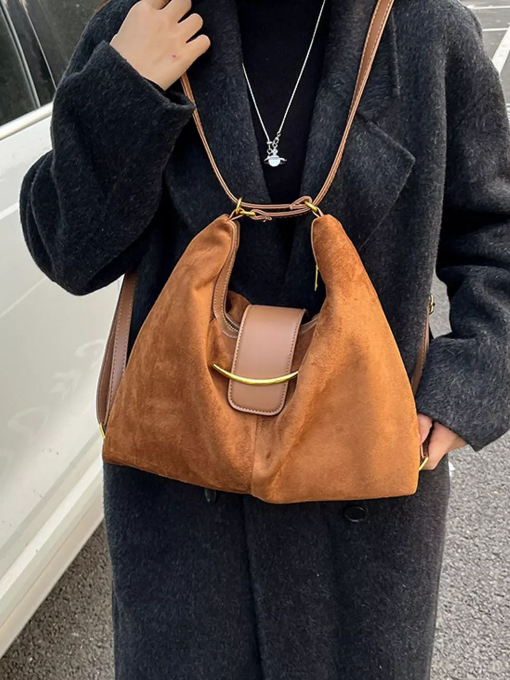 Convertible Suede Backpack Bag with Metal Accent, image 4