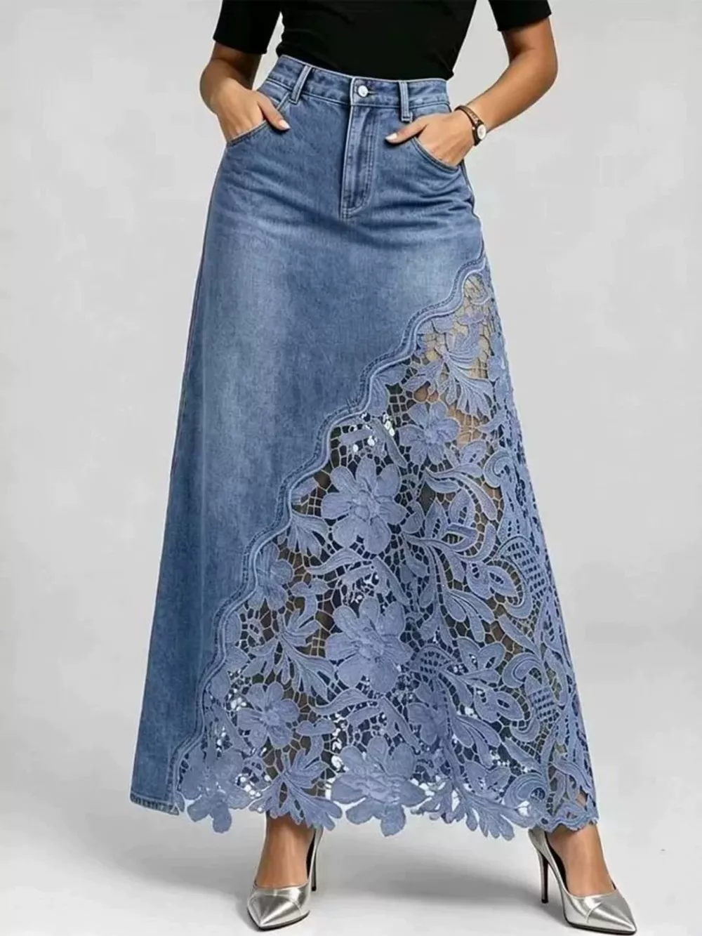 Full Size High-Waisted Lace Denim Skirt Plus Size, image 7