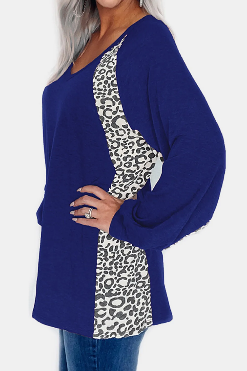 Full Size Leopard V-Neck Long Sleeve T-Shirt, image 9