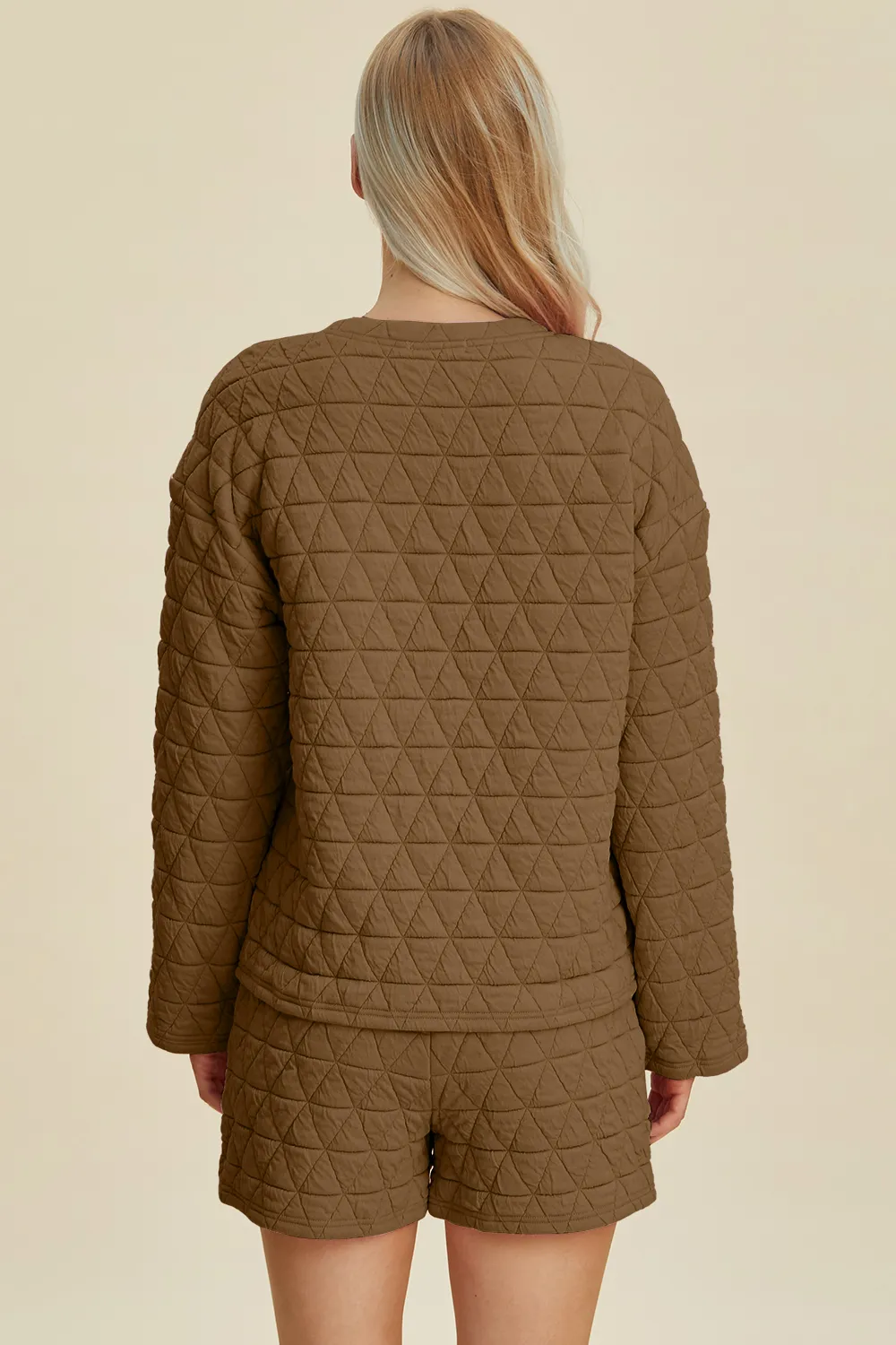 Full Size Texture Round Neck Long Sleeve Top and Shorts Set, image 2