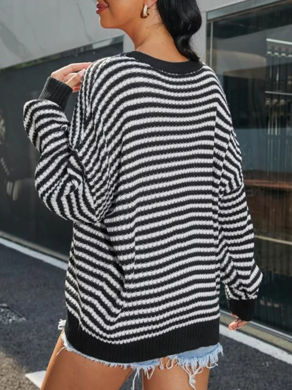 Striped Round Neck Drop Shoulder Sweater, image 4