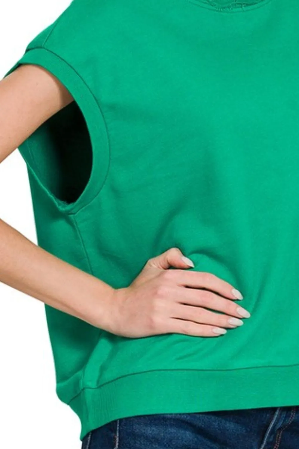 French Terry Round Neck Cap Sleeve T-Shirt, image 3