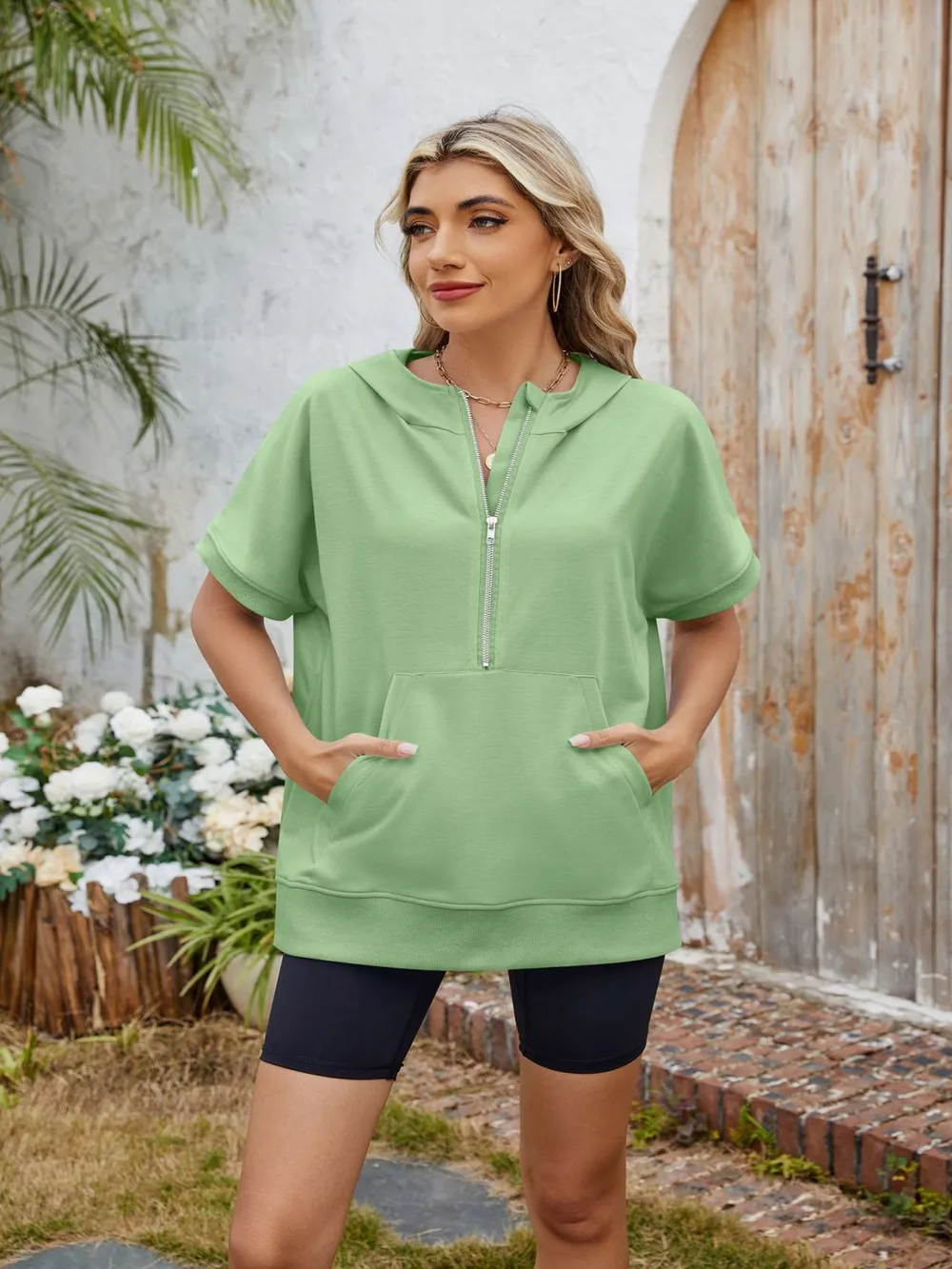 Half Zip Short Sleeve Hooded Top, image 13