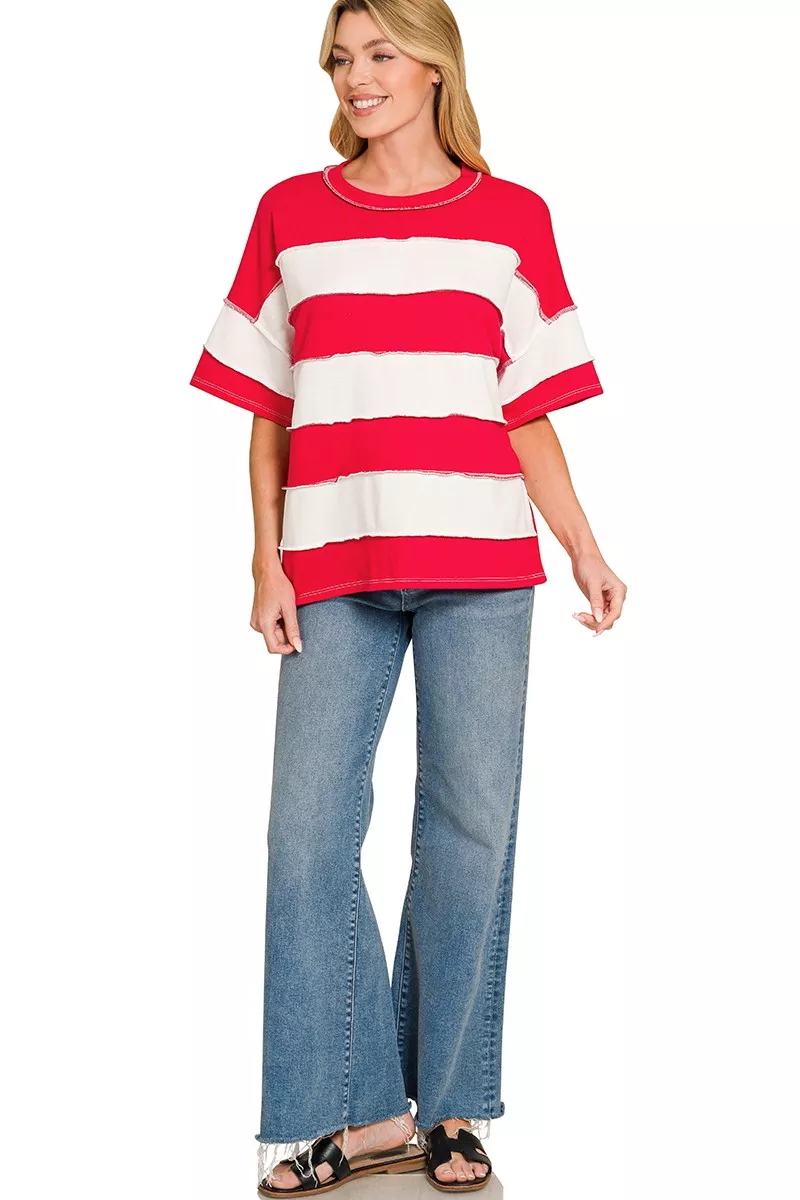 French Terry Striped Exposed Seam Top, image 2