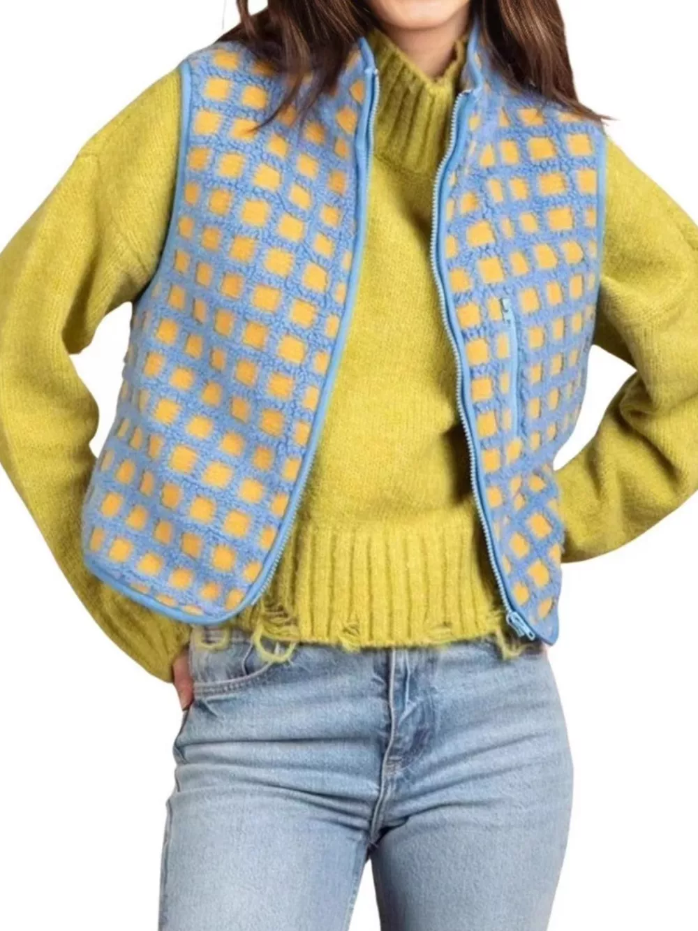 Plaid Zip Up Vest Coat, image 3