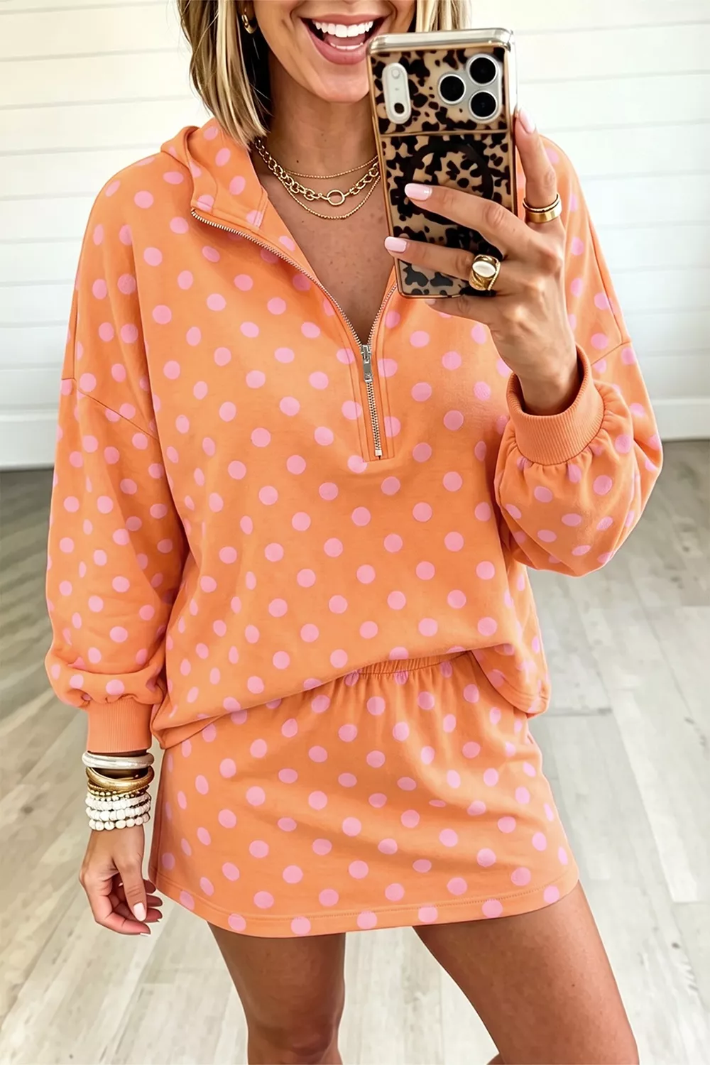Polka Dot Quarter-Zip Hoodie and Skirt Set, image 2