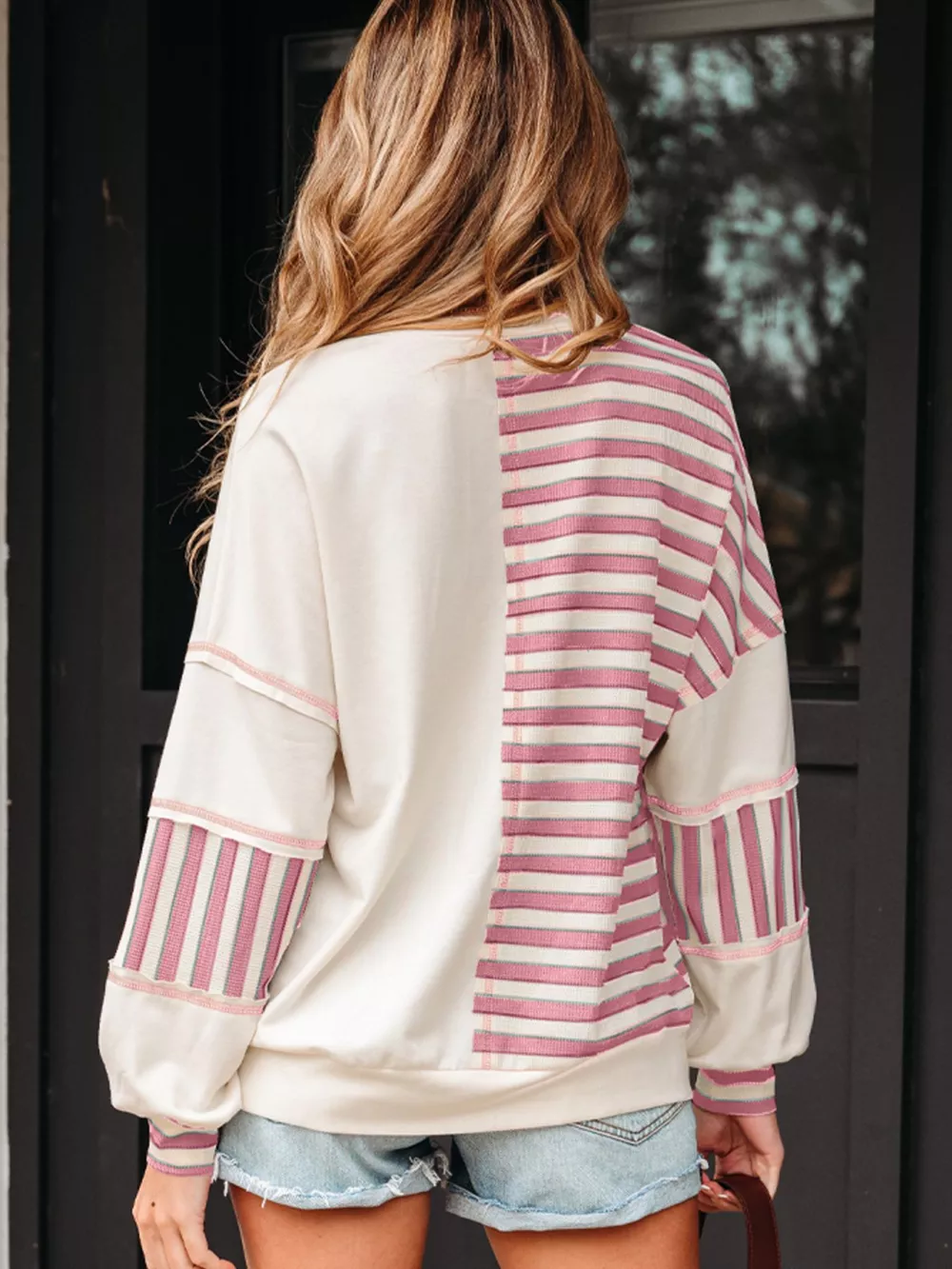 Stripe Stitched Detail Color Block Patchwork Oversized Top, image 2