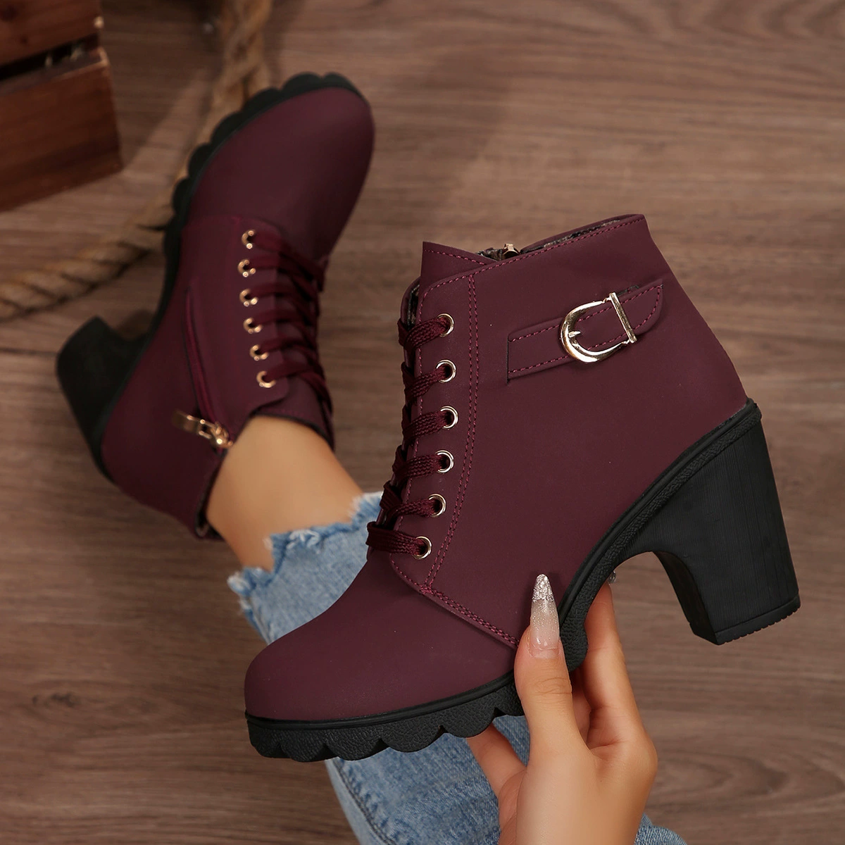 Lace-Up Buckle Chunky Heel Ankle Boots, image 7